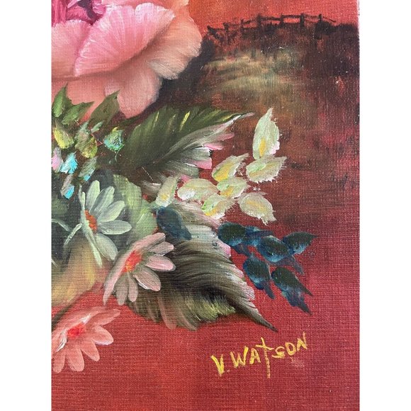 Vintage Signed Painting V Watson, Rose Phantasy, 9x12 unframed canvas art, 1984 - Picture 4 of 7